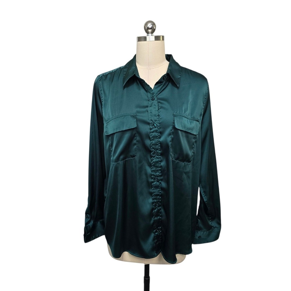 Equipment Slim Signature Forest Green Satin Button Down Shirt Womens Size Large